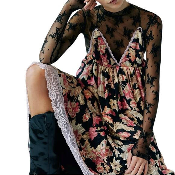 NEW Free People Primmy Midi Black Floral Chiffon Pink Lace Resort Boho Dress XL - Picture 1 of 16